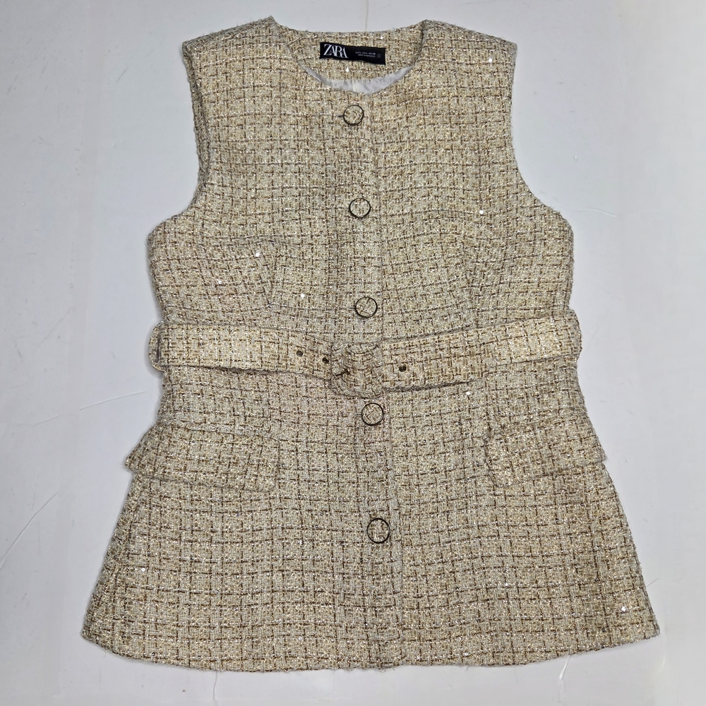 Zara Textured Tweed Belted Vest Sleeveless Wool Blend Waistcoat Beige Large